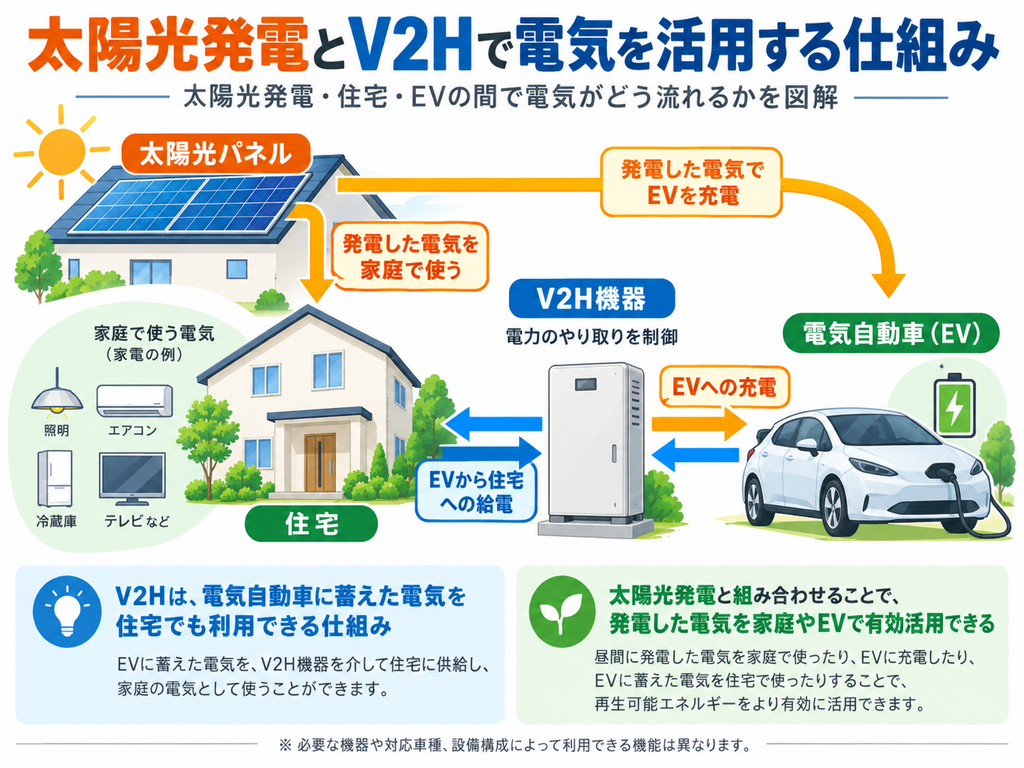 太陽光発電とV2Hの仕組みを、住宅・太陽光パネル・電気自動車（EV）の電力フローで解説。太陽光で発電した電気の家庭利用やEV充電、EVから住宅への給電を矢印で図解。V2H機器を活用した双方向の電力供給とエネルギーの有効活用を紹介。