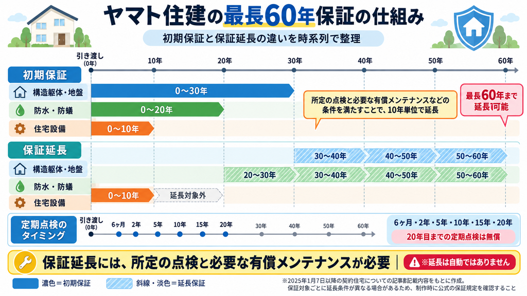 ヤマト住建の最長60年保証の仕組みを時系列で比較したタイムライン図。構造躯体・地盤30年、防水・防蟻20年、住宅設備10年の初期保証期間を解説。定期点検や有償メンテナンスによる10年単位の保証延長条件も紹介。