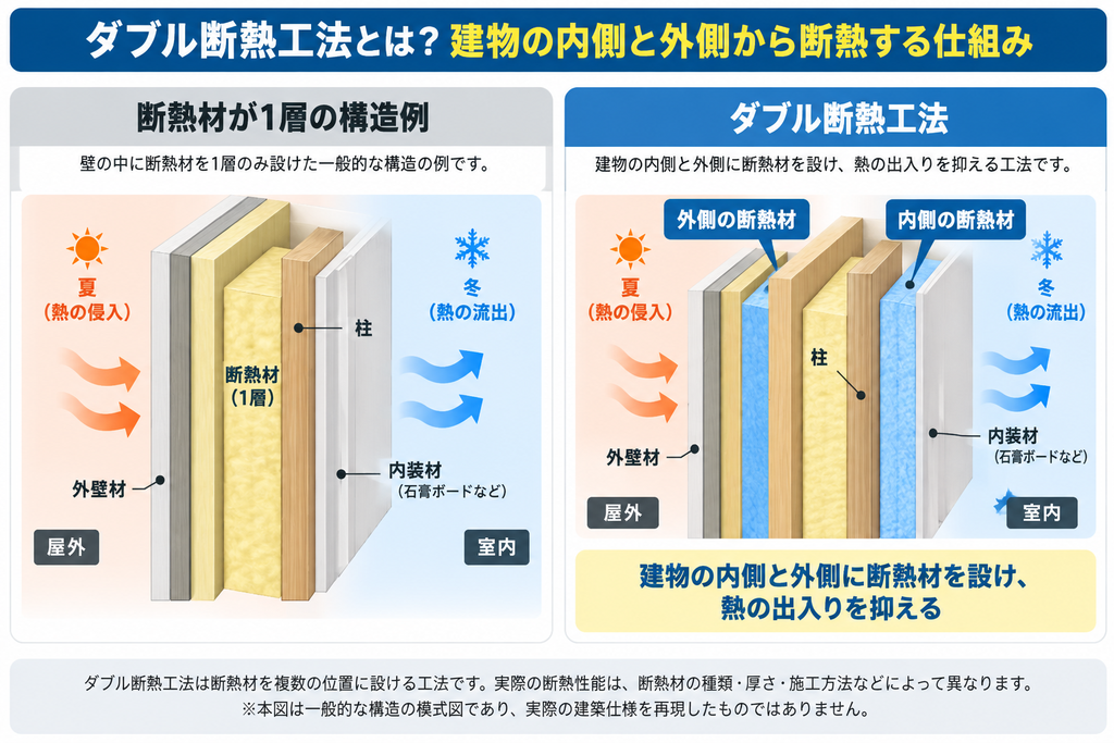 ダブル断熱工法の仕組みを示す住宅の壁断面比較図。断熱材が1層の構造と、建物の内側・外側の両方に断熱材を設けるダブル断熱構造の違いをイラストで解説。
